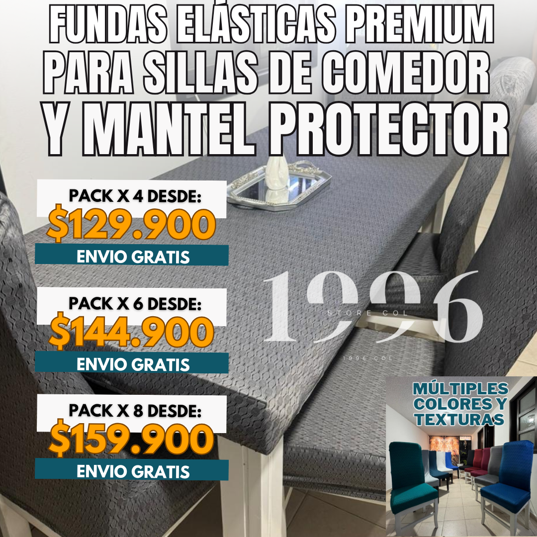 FUNDAS ELÁSTICAS PREMIUM + MANTEL PROTECTOR PARA COMEDOR